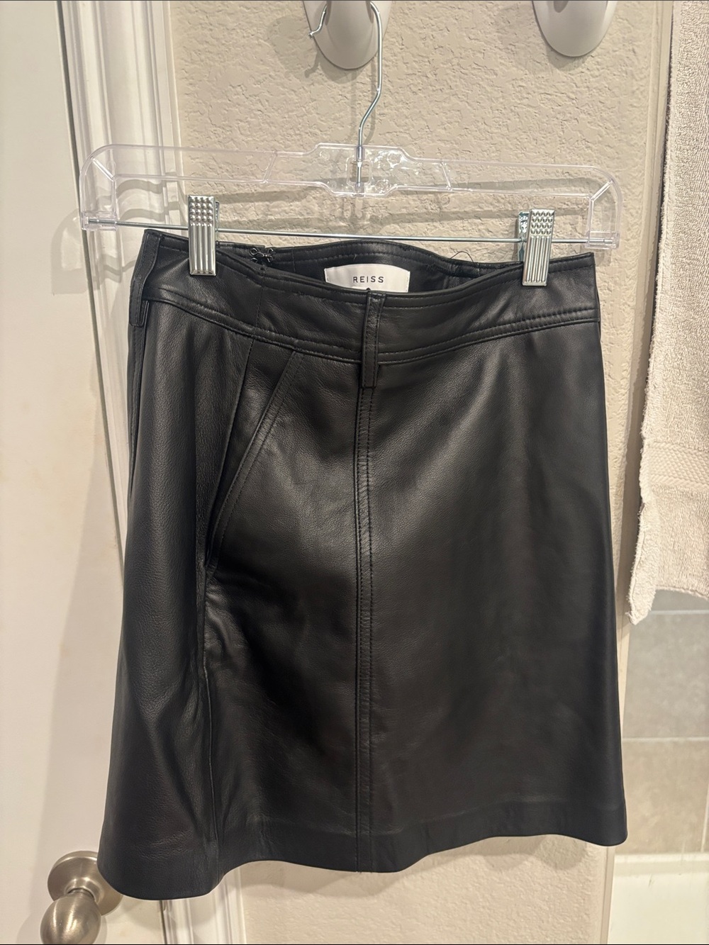 Reiss Black Leather A-Line Skirt with Panel Seams